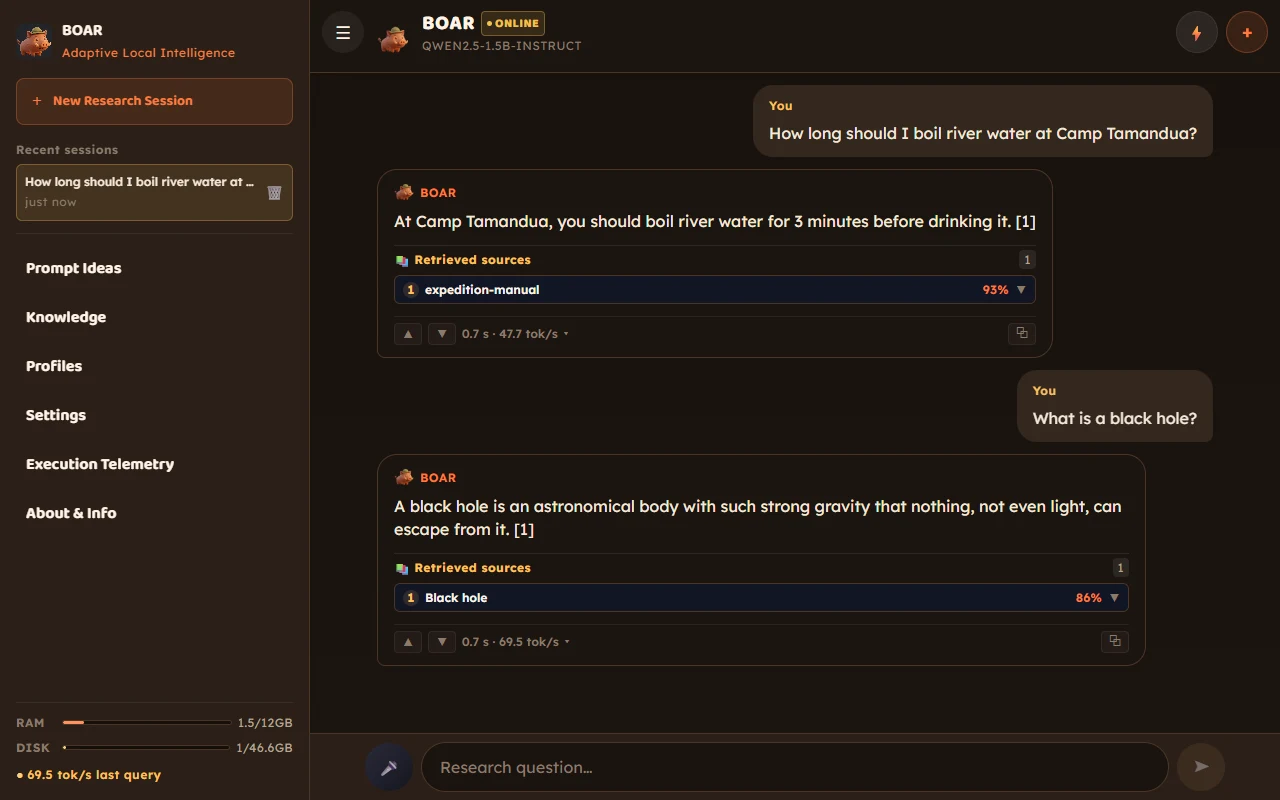 BOAR on Windows: a sidebar with the conversation history and two answers, each with its numbered source
