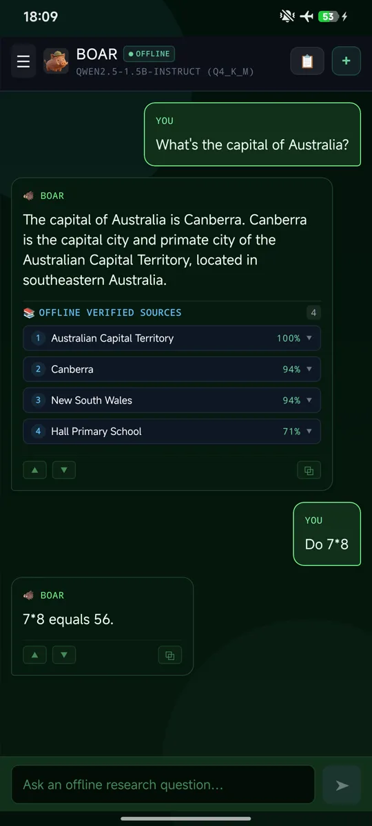 An answer with its offline sources listed under it