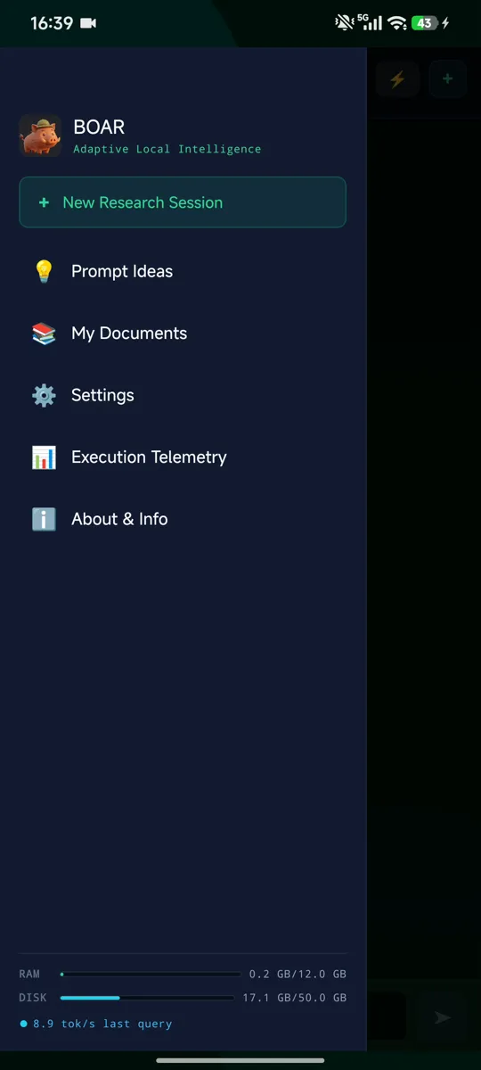The menu with past sessions, documents, settings and telemetry